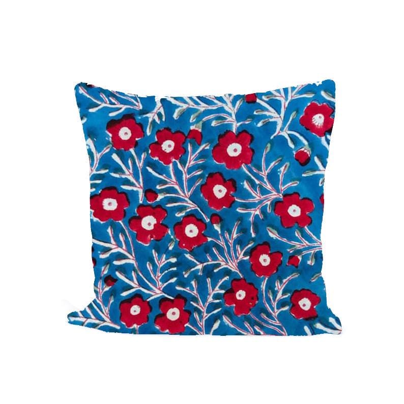 Blue Floral Cotton Cushion Cover Red Flower Hand Block Print Pillow Cover Indian Boho Throw Pillow Decorative Sofa Cushion Farmhouse Decor