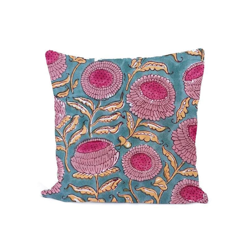 Teal Blue Floral Cushion Cover, Pink Block Print Pillow Cover, Indian Hand Block Cotton Throw Pillow, Boho Home Decor, Accent Cushion Cover
