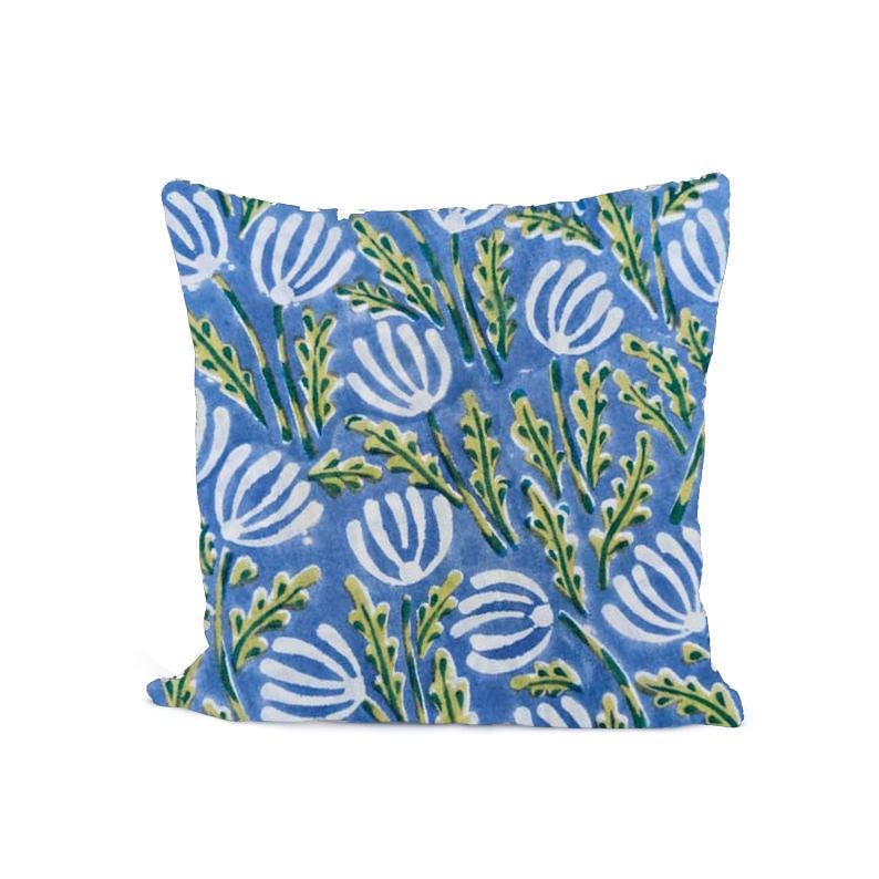 Blue Floral Cushion Cover, Indian Hand Block Print Pillow Cover, Botanical Cotton Throw Pillow, Boho Farmhouse Sofa Cushion,  Home Decor