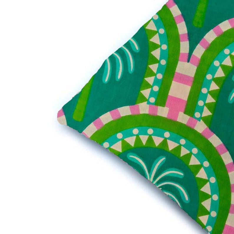 Indian Hand Block Print Cushion Cover, Green Tropical Palm Tree Pillow Cover, 100% Cotton Boho Throw Pillow Case, Modern Home Decor