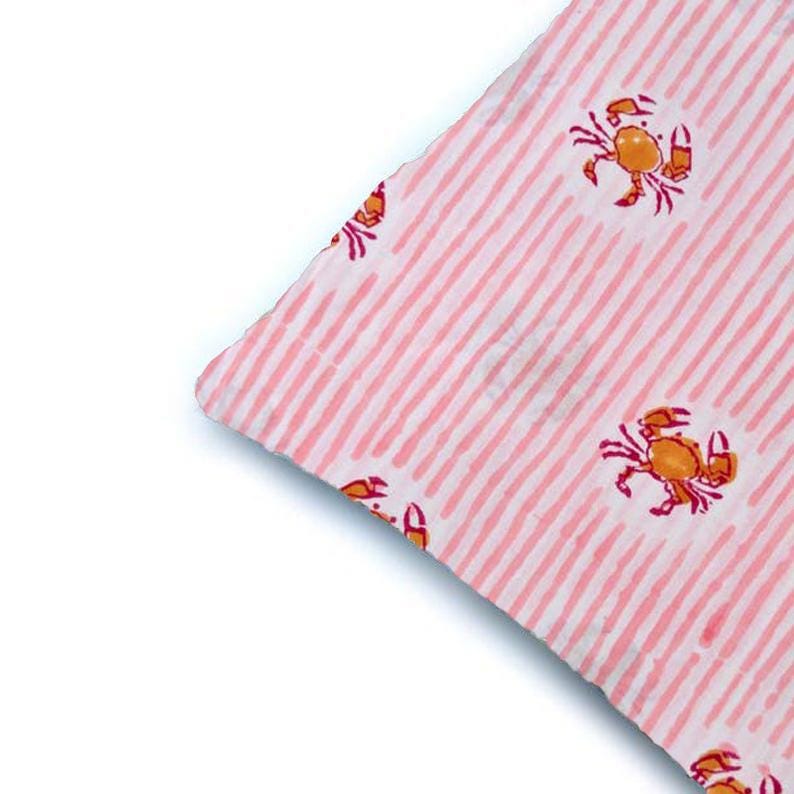 Pink Crab Cushion Cover, Coastal Beach Pillow Cover, Nautical Striped Cotton Cushion Cover, Ocean Theme Home Decor Gift, Gift For Her