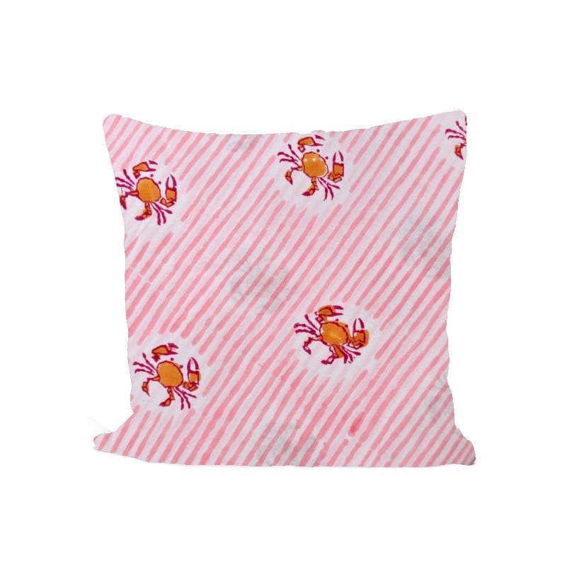 Pink Crab Cushion Cover, Coastal Beach Pillow Cover, Nautical Striped Cotton Cushion Cover, Ocean Theme Home Decor Gift, Gift For Her