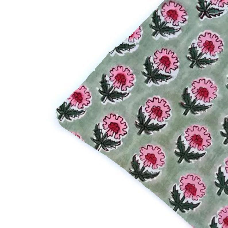 Pink Green Floral Block Print Cushion Cover, Cotton Pillow Cover, Indian Hand Block Print Throw Pillow Boho Home Decor, Accent Cushion Cover