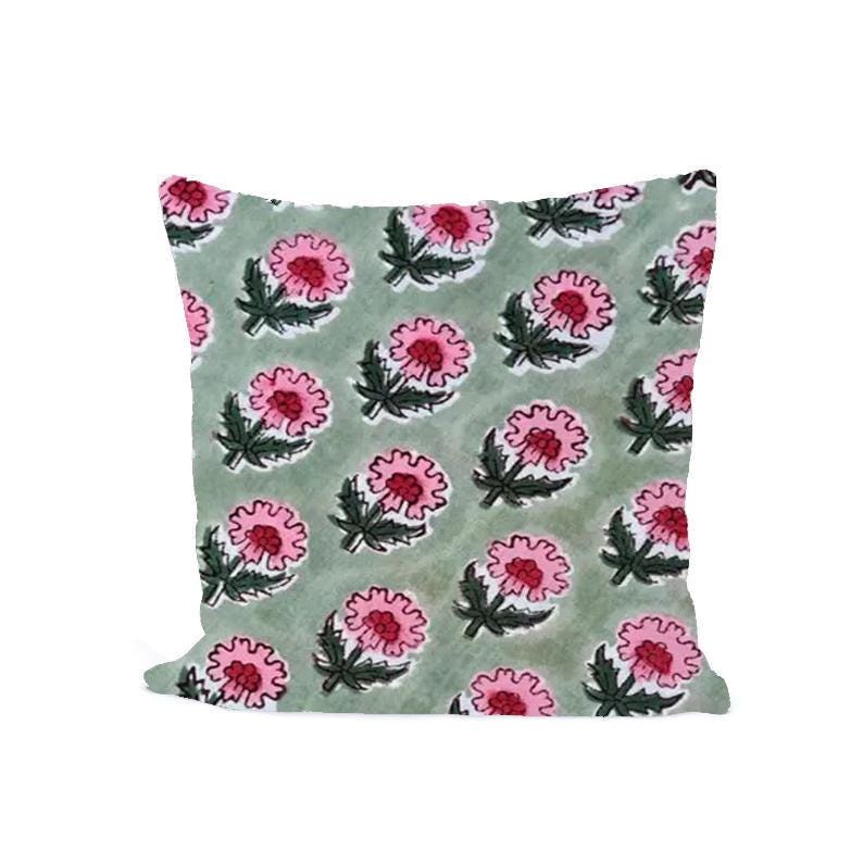 Pink Green Floral Block Print Cushion Cover, Cotton Pillow Cover, Indian Hand Block Print Throw Pillow Boho Home Decor, Accent Cushion Cover