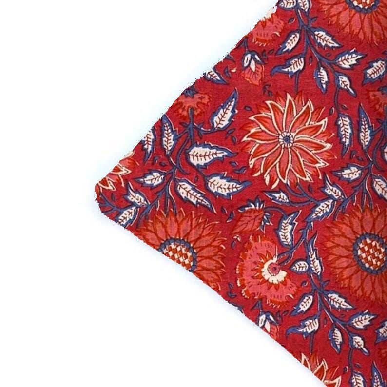 Red Floral Cushion Cover, Block Print Pillow Cover, Indian Cotton Throw Pillow, Red Blue Botanical Decor, Boho Floral Home Decor Pillow Gift