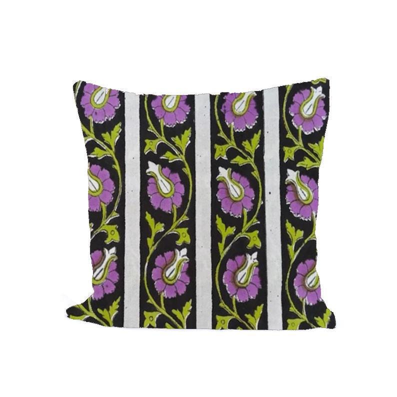 Black Purple Floral Cushion Cover, Striped Boho Pillow Cover, Indian Block Print Pillow, Botanical Throw Pillow, Cotton Home Decor Gifts