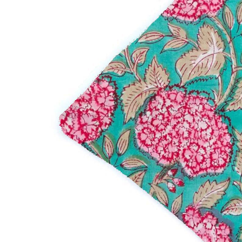 Teal Pink Floral Cushion Cover Fabric, Hand Block Print Cotton, Indian Floral Pillow Cover Fabric, Boho Home Decor, Soft Sewing Fabric