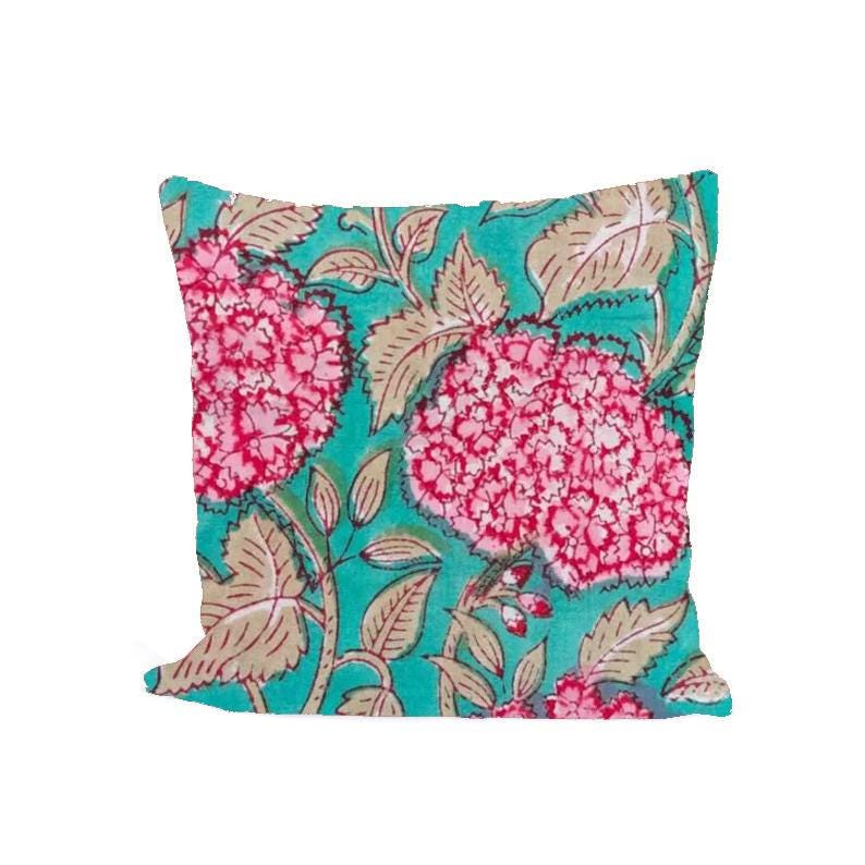 Teal Pink Floral Cushion Cover Fabric, Hand Block Print Cotton, Indian Floral Pillow Cover Fabric, Boho Home Decor, Soft Sewing Fabric