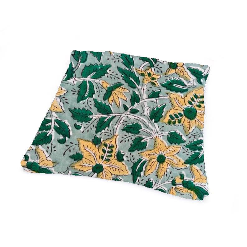 Green Floral Cushion Cover, Yellow Flower Block Print Pillow Cover, Indian Cotton Cushion, Boho Decorative Pillow, Handmade Home Decor