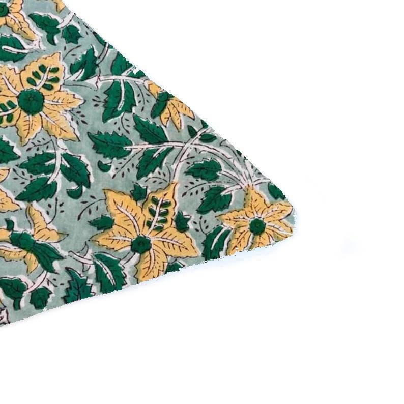Green Floral Cushion Cover, Yellow Flower Block Print Pillow Cover, Indian Cotton Cushion, Boho Decorative Pillow, Handmade Home Decor