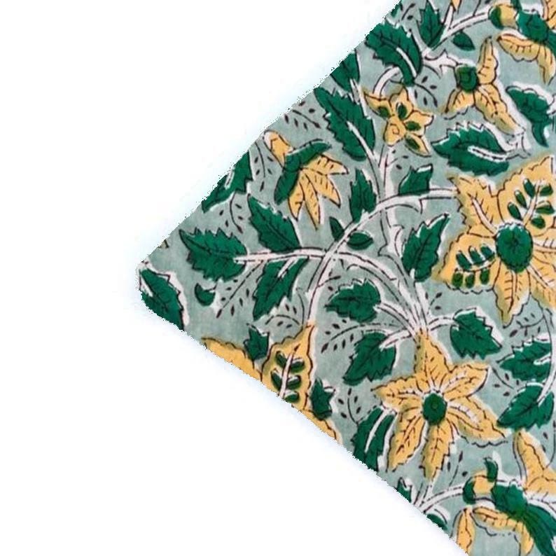 Green Floral Cushion Cover, Yellow Flower Block Print Pillow Cover, Indian Cotton Cushion, Boho Decorative Pillow, Handmade Home Decor