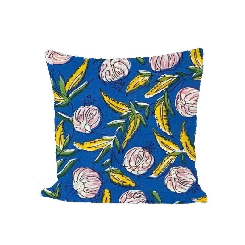 Blue Floral Cushion Cover, Indian Hand Block Print Pillow Cover, Cotton Decorative Pillow, Yellow Leaf Pink Flower Pillow, Boho Home Decor
