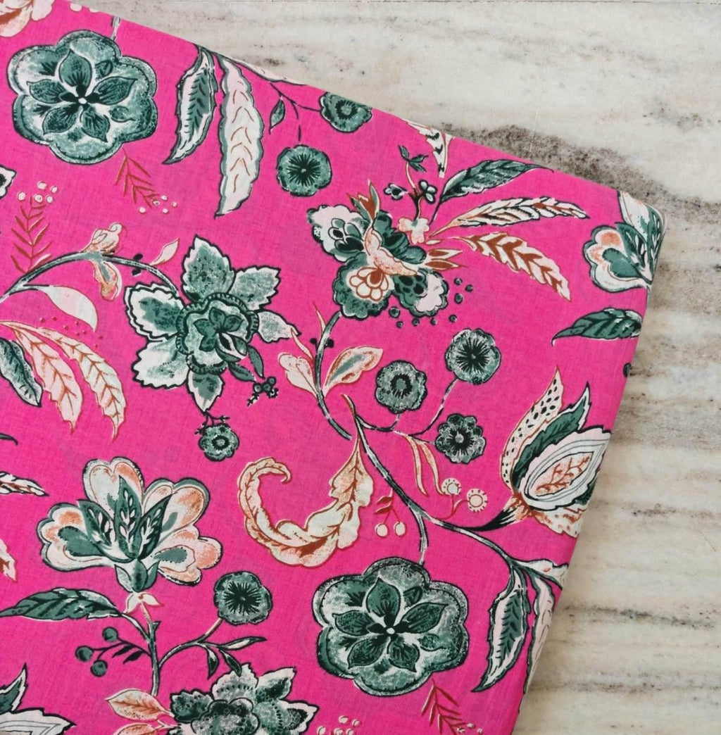 Pink Floral Cotton Fabric, Vintage Flower Print Fabric, Indian Cotton Fabric by the Yard, Quilting Fabric, Dressmaking Fabric, Sewing Fabric