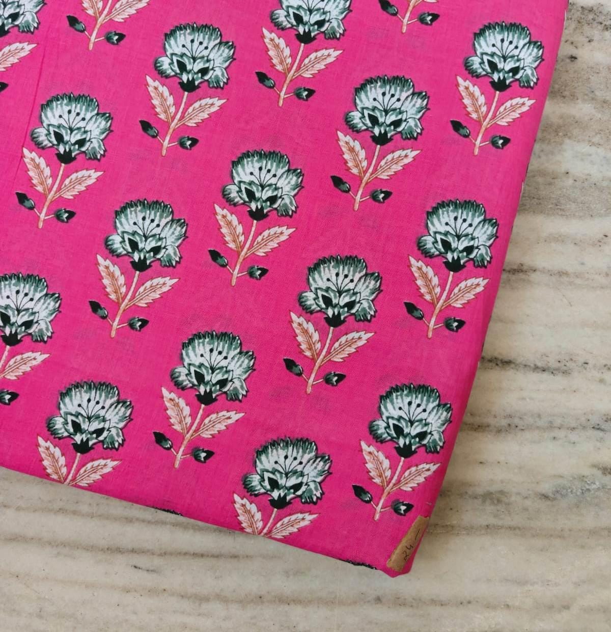 Pink Floral Cotton Fabric, Block Print Flower Fabric, Indian Cotton Fabric by the Yard, Botanical Print Fabric Quilting & Dressmaking Fabric