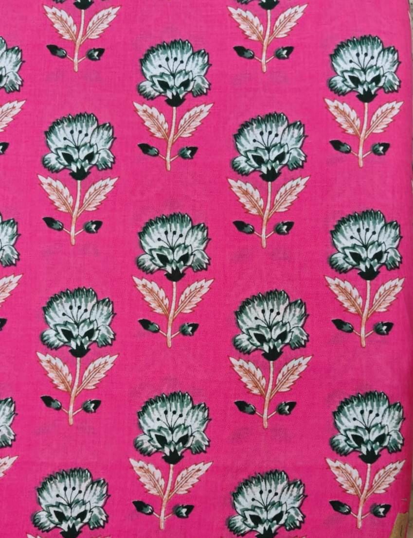 Pink Floral Cotton Fabric, Block Print Flower Fabric, Indian Cotton Fabric by the Yard, Botanical Print Fabric Quilting & Dressmaking Fabric