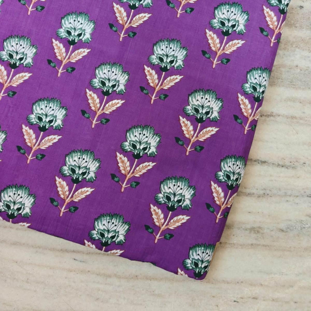 Purple Floral Cotton Fabric, Indian Block Print Fabric, White Flower Fabric, Boho Cotton Cloth, Quilting Fabric, Dressmaking Fabric by Yard