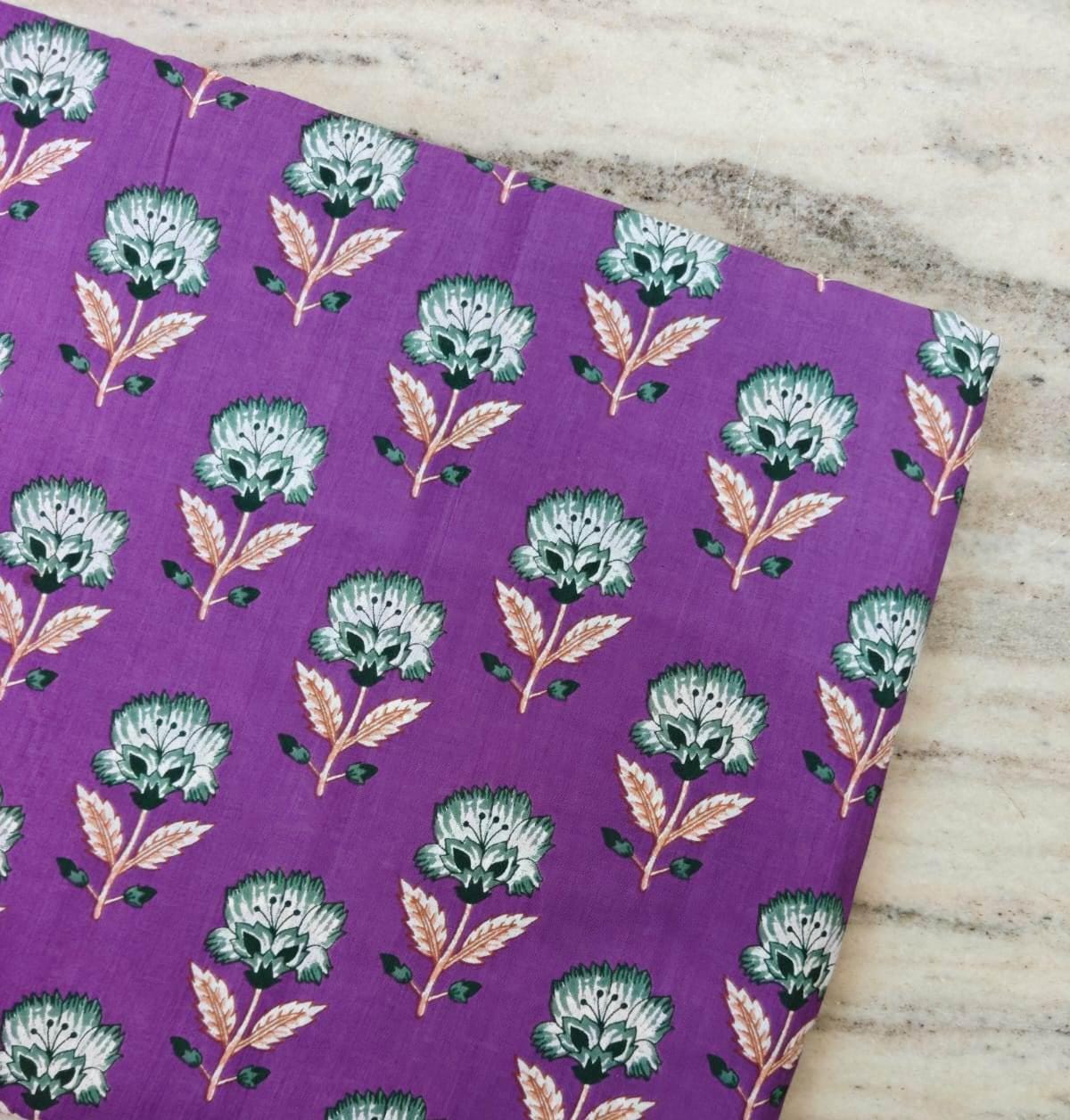 Purple Floral Cotton Fabric, Indian Block Print Fabric, White Flower Fabric, Boho Cotton Cloth, Quilting Fabric, Dressmaking Fabric by Yard