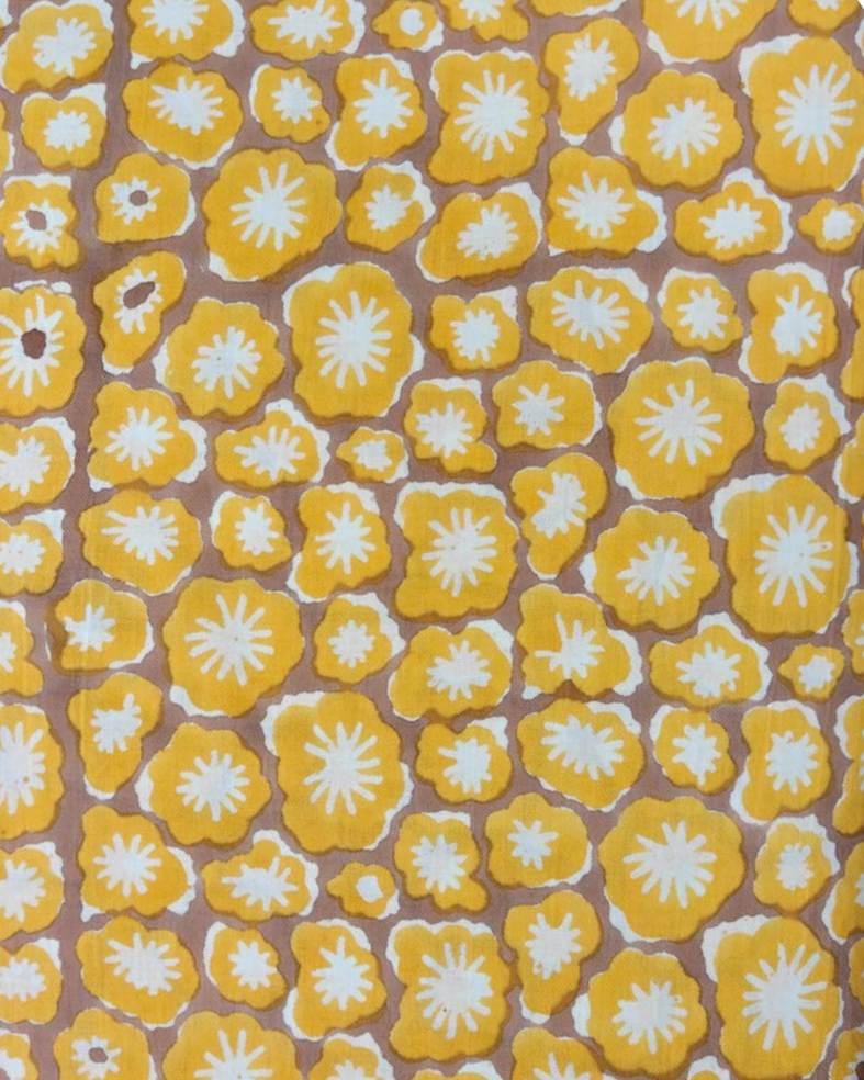 Mustard Yellow Indian Hand Block Print Fabric, Floral 100% Cotton Quilting Fabric By The Yard, Retro Daisy Flower Vintage Inspired Fabric