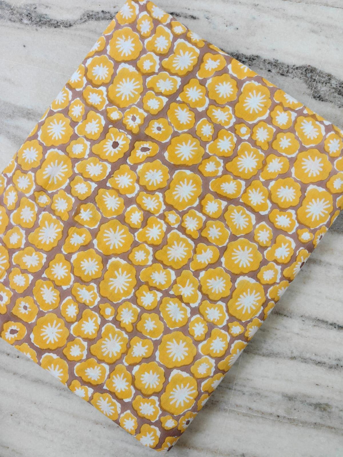 Mustard Yellow Indian Hand Block Print Fabric, Floral 100% Cotton Quilting Fabric By The Yard, Retro Daisy Flower Vintage Inspired Fabric