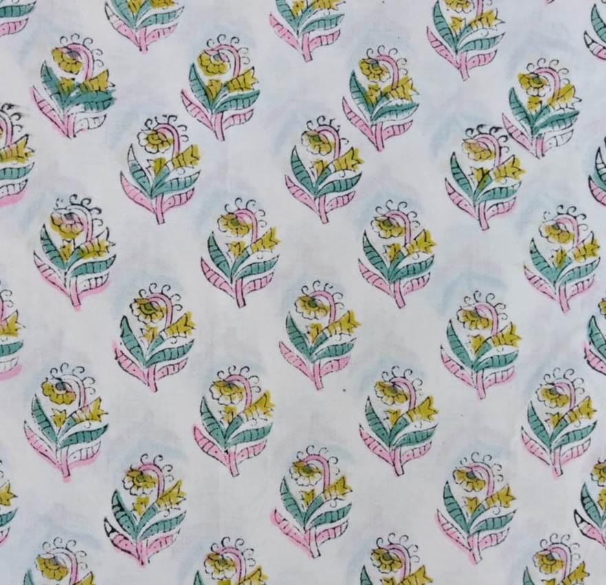 Pink Yellow Floral Cotton Fabric | Indian Block Print Fabric | Hand Block Print Cotton | Floral Fabric | Sewing Quilting Loose Fabric