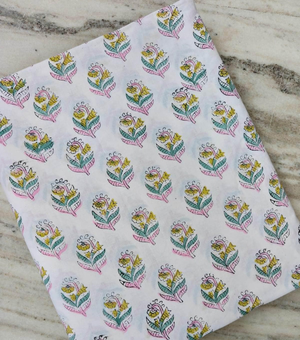 Pink Yellow Floral Cotton Fabric | Indian Block Print Fabric | Hand Block Print Cotton | Floral Fabric | Sewing Quilting Loose Fabric