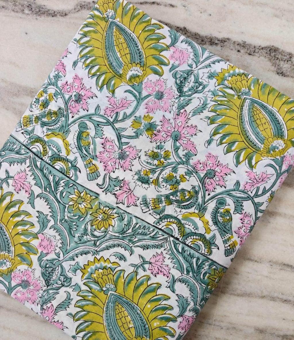 Yellow Pink Teal Block Print Fabric, Floral Cotton Fabric, 100% Indian Hand Block Print Cotton | Botanical Fabric | Sewing Quilting Fabric