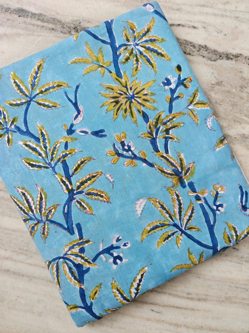 Blue Tropical Floral Cotton Fabric, Hand Block Print Fabric, Botanical Cotton Textile, Palm Leaf Fabric, Quilting & Sewing Fabric, Napkins