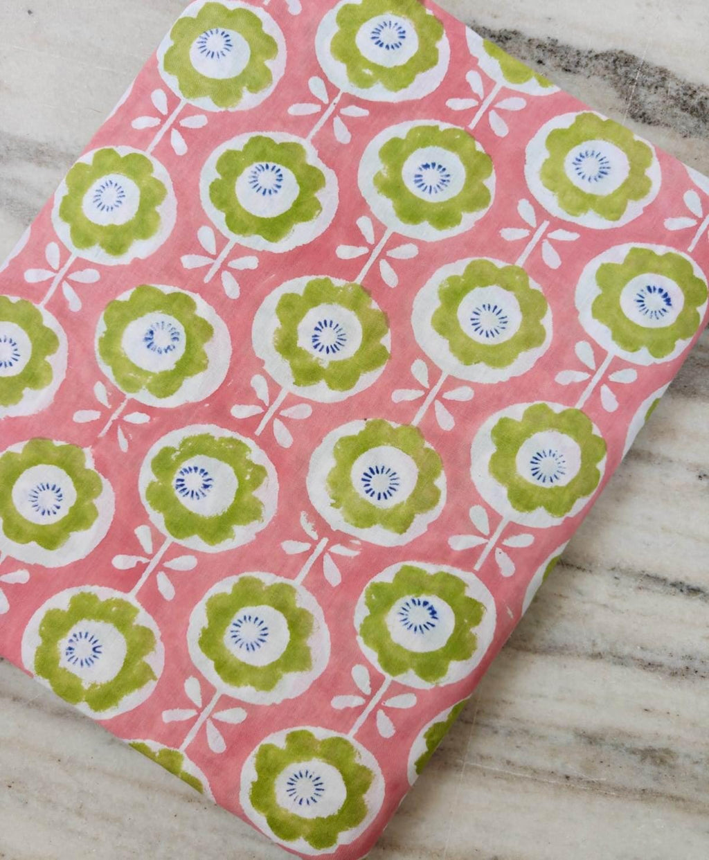 Pink Floral Cotton Fabric, Green Flower Print Fabric, Indian Block Print Cotton, Quilting Fabric, Sewing Fabric by the Yard, Craft Fabric