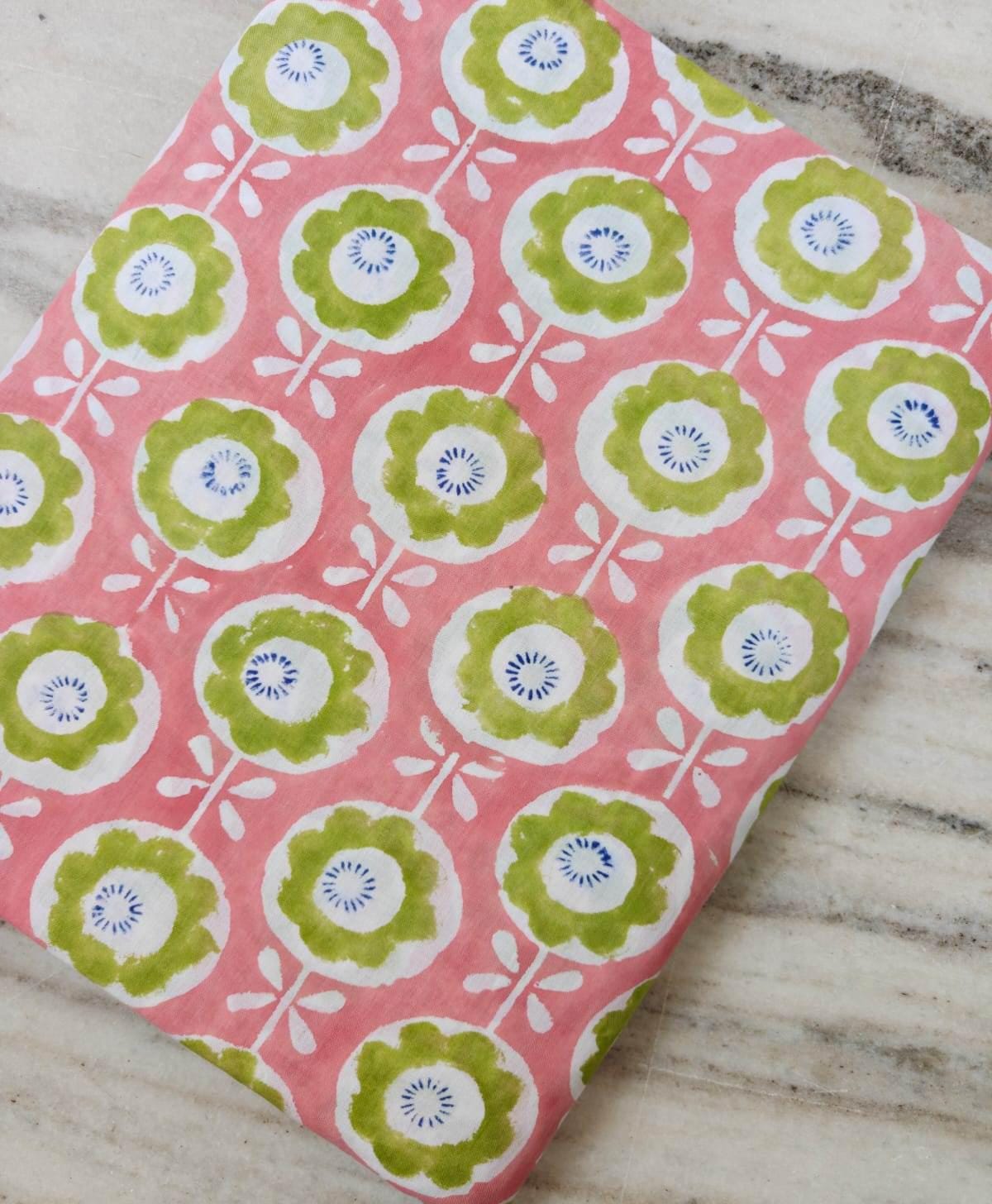 Pink Floral Cotton Fabric, Green Flower Print Fabric, Indian Block Print Cotton, Quilting Fabric, Sewing Fabric by the Yard, Craft Fabric