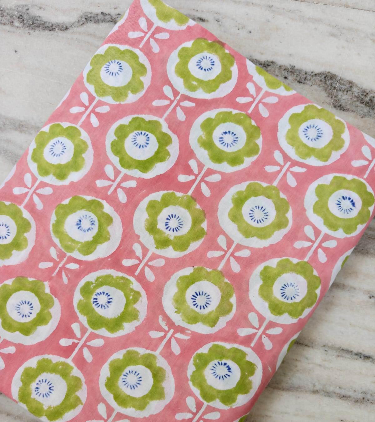Pink Floral Cotton Fabric, Green Flower Print Fabric, Indian Block Print Cotton, Quilting Fabric, Sewing Fabric by the Yard, Craft Fabric