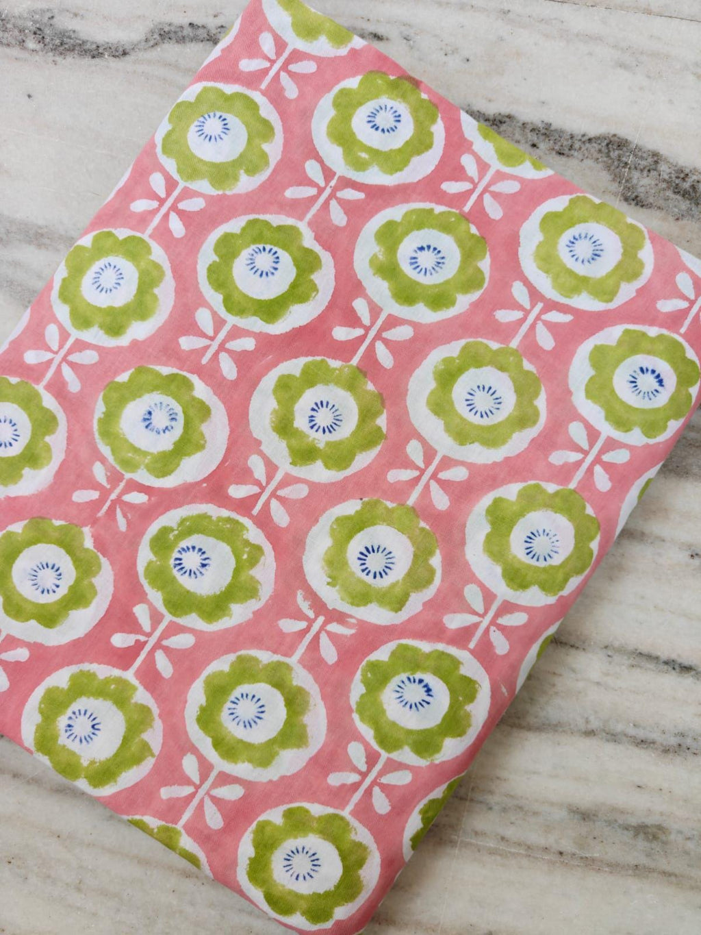 Pink Floral Cotton Fabric, Green Flower Print Fabric, Indian Block Print Cotton, Quilting Fabric, Sewing Fabric by the Yard, Craft Fabric