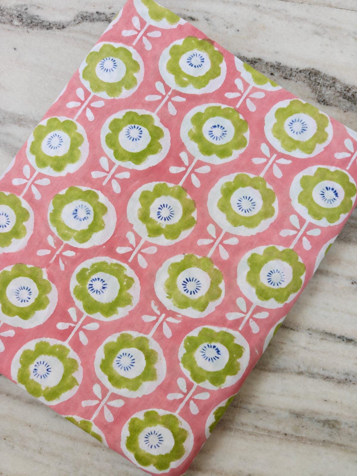 Pink Floral Cotton Fabric, Green Flower Print Fabric, Indian Block Print Cotton, Quilting Fabric, Sewing Fabric by the Yard, Craft Fabric