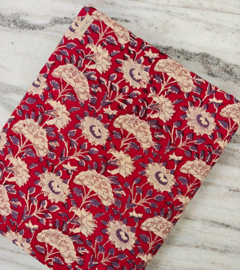 Red Floral Cotton Fabric, Indian Floral Print Fabric, Cream Purple Flower Cotton, Vintage Botanical Fabric, Quilting Fabric by the Yard