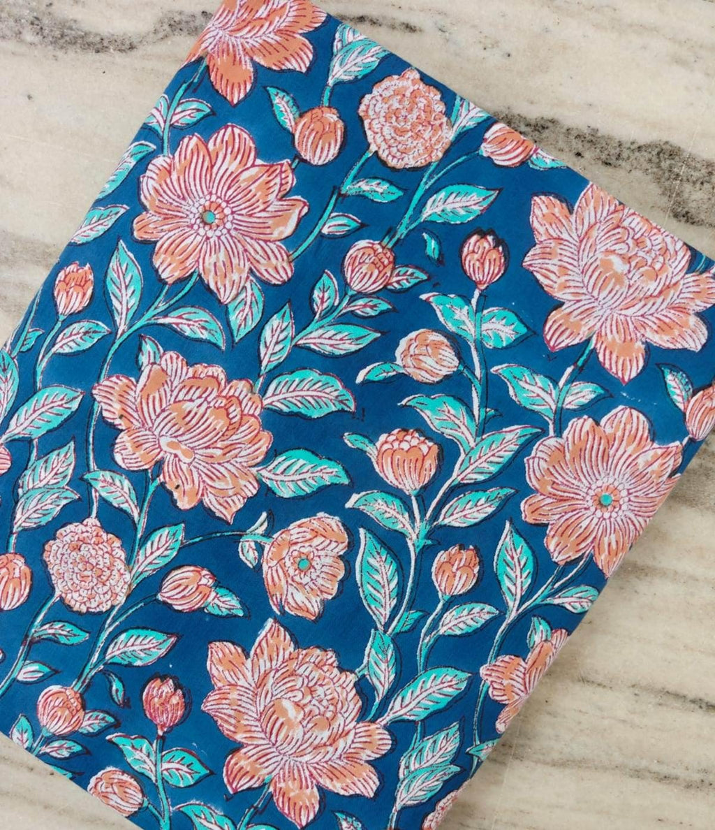 Blue Floral Cotton Fabric, Peach & Turquoise Flower Print, Indian Block Print Fabric, Floral Sewing Quilting Textile, Loose Running Fabric