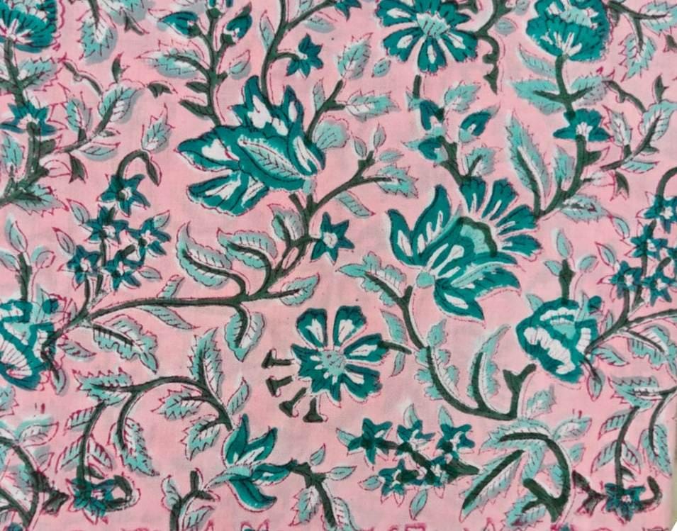Pink Floral Cotton Fabric, Teal & Green Botanical Print, Indian Block Print Fabric, Floral Sewing Quilting Textile, Loose Running Fabric
