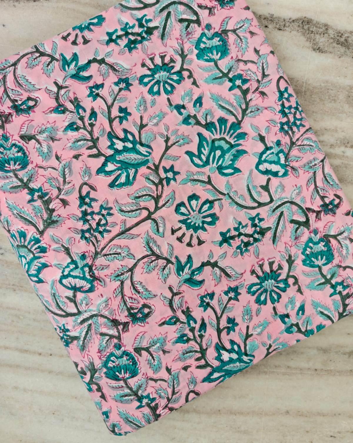 Pink Floral Cotton Fabric, Teal & Green Botanical Print, Indian Block Print Fabric, Floral Sewing Quilting Textile, Loose Running Fabric