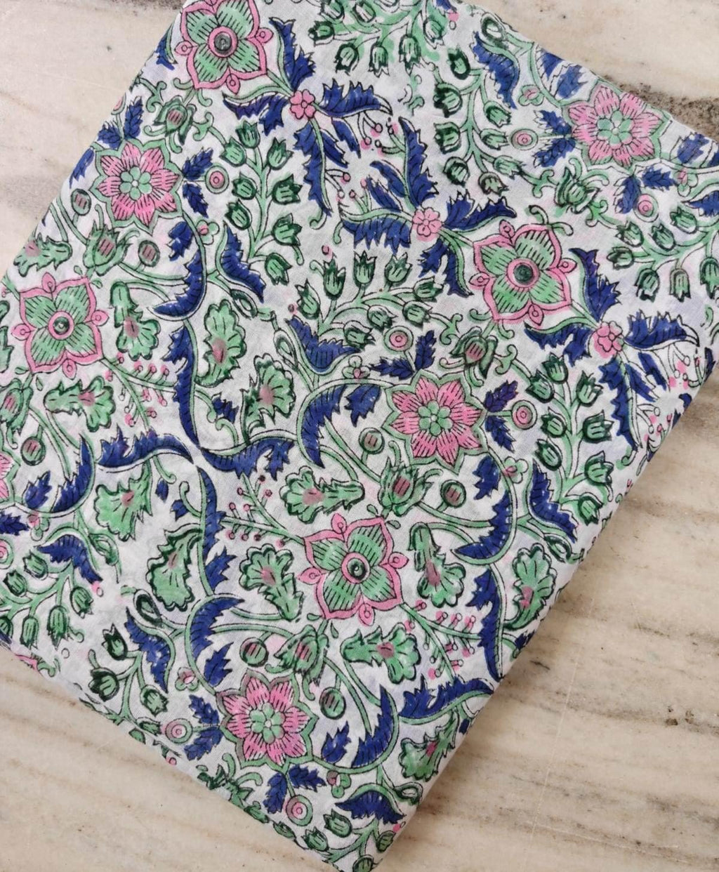 Floral Cotton Fabric by the Yard, Hand Block Print Fabric, Pink Green Blue Botanical Cotton Textile, Indian Craft Fabric, Running Fabric