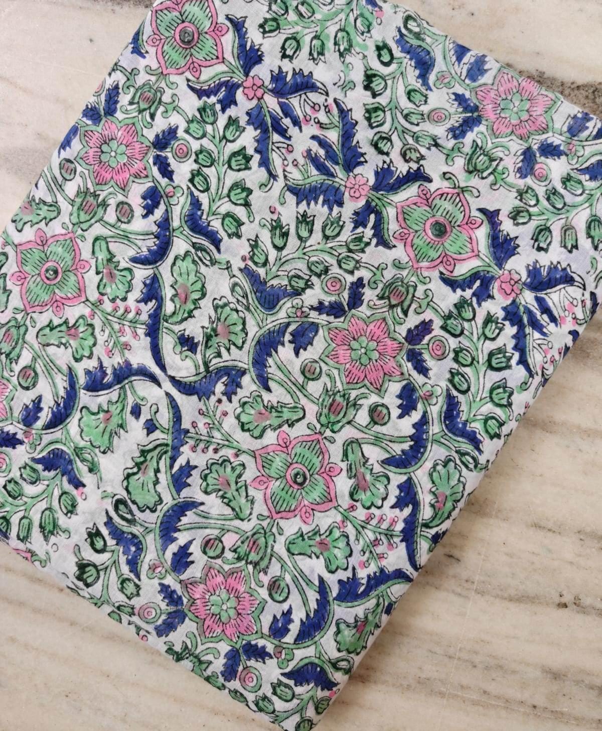 Floral Cotton Fabric by the Yard, Hand Block Print Fabric, Pink Green Blue Botanical Cotton Textile, Indian Craft Fabric, Running Fabric
