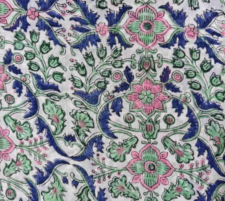 Floral Cotton Fabric by the Yard, Hand Block Print Fabric, Pink Green Blue Botanical Cotton Textile, Indian Craft Fabric, Running Fabric