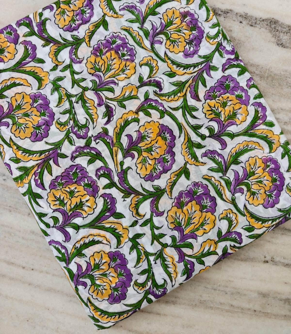 Purple Yellow Floral Cotton Fabric by the Yard, Indian Block Print Fabric, Botanical Flower Cotton Textile, Green Vine Sewing Fabric