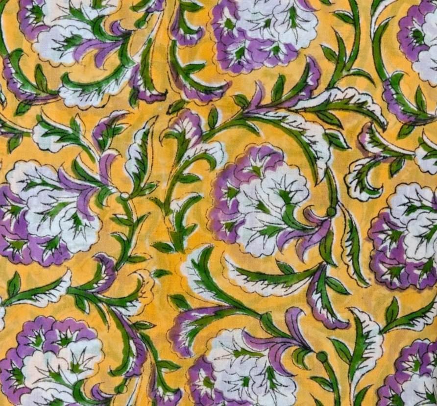 Yellow Floral Cotton Fabric, Purple White Flower Print, Indian Block Print Fabric, Botanical Cotton Textile, Sewing Fabric, Running Fabric