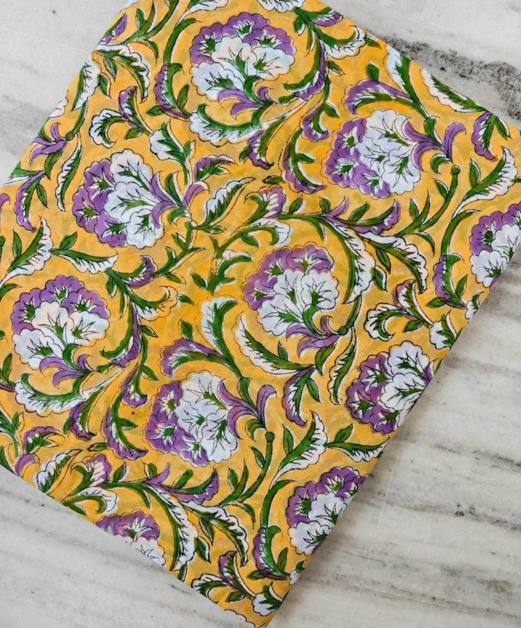 Yellow Floral Cotton Fabric, Purple White Flower Print, Indian Block Print Fabric, Botanical Cotton Textile, Sewing Fabric, Running Fabric