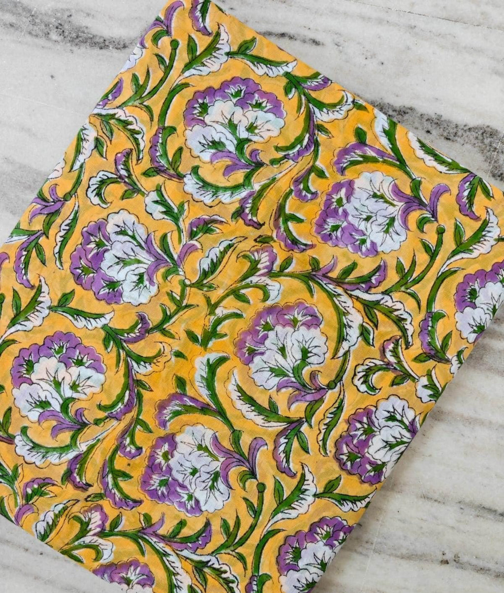 Yellow Floral Cotton Fabric, Purple White Flower Print, Indian Block Print Fabric, Botanical Cotton Textile, Sewing Fabric, Running Fabric