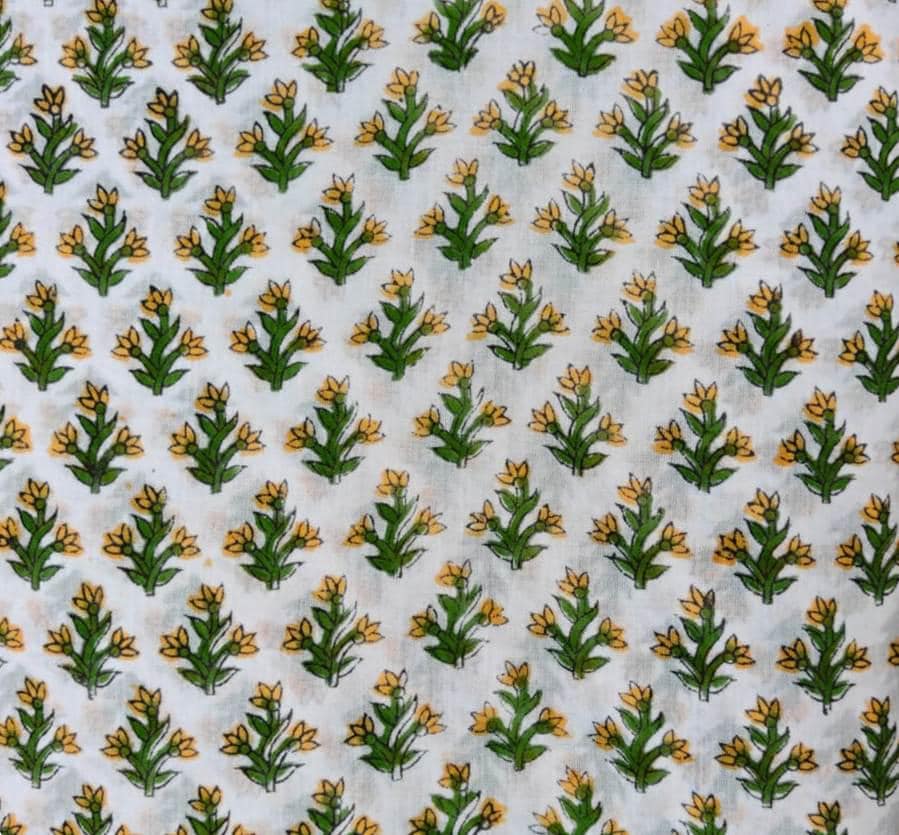 100% Cotton Hand Block Print Fabric, White Yellow Floral Botanical Textile, Indian Sewing Quilting