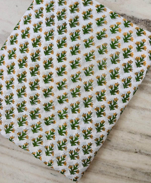 100% Cotton Hand Block Print Fabric, White Yellow Floral Botanical Textile, Indian Sewing Quilting