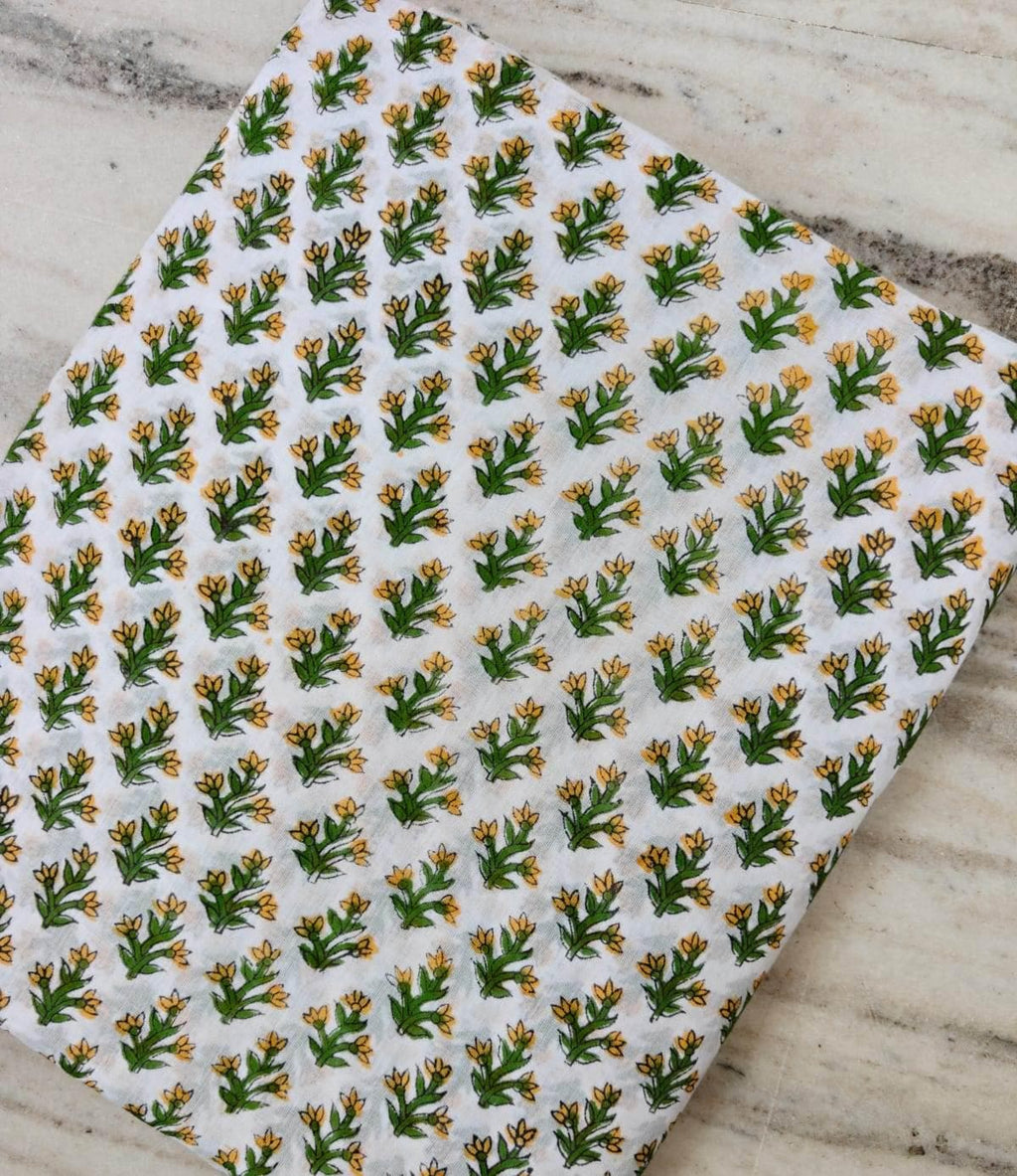 100% Cotton Hand Block Print Fabric, White Yellow Floral Botanical Textile, Indian Sewing Quilting