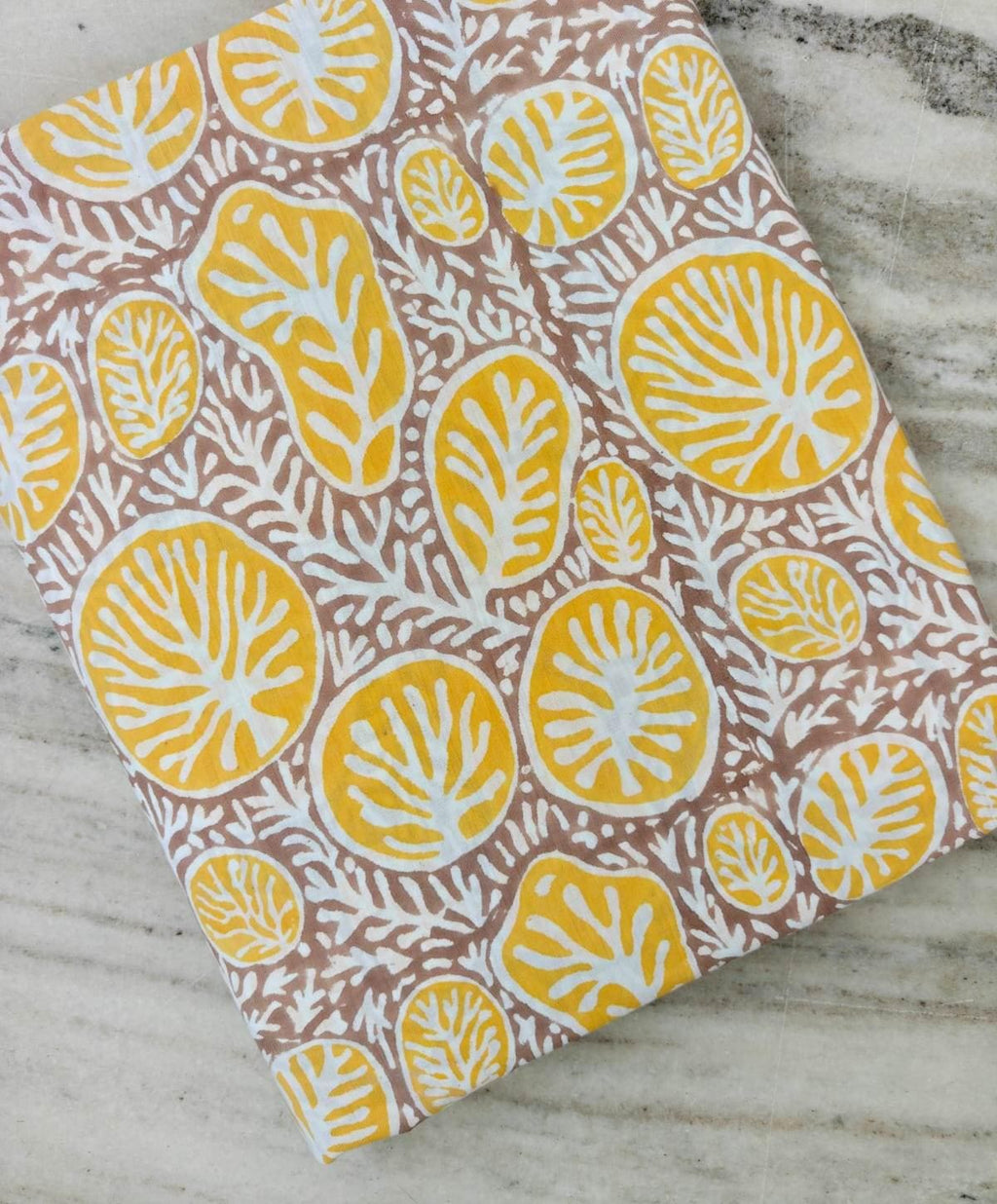 Soft Mustard Yellow & Taupe Cotton Fabric, Leaf Print Block Print Fabric, Botanical Indian Cotton Textile, Sewing  Quilting Fabric Loose