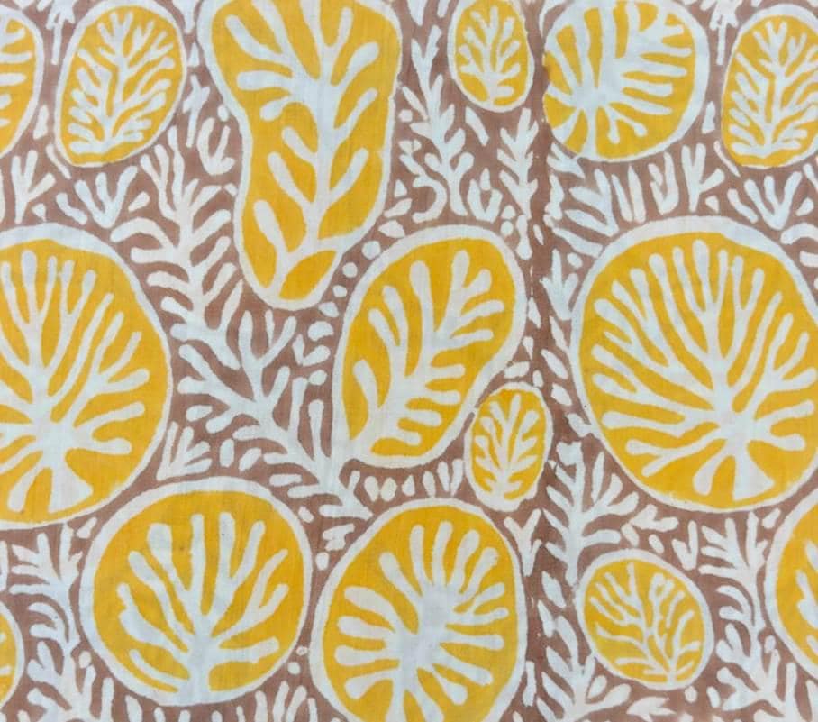 Soft Mustard Yellow & Taupe Cotton Fabric, Leaf Print Block Print Fabric, Botanical Indian Cotton Textile, Sewing  Quilting Fabric Loose