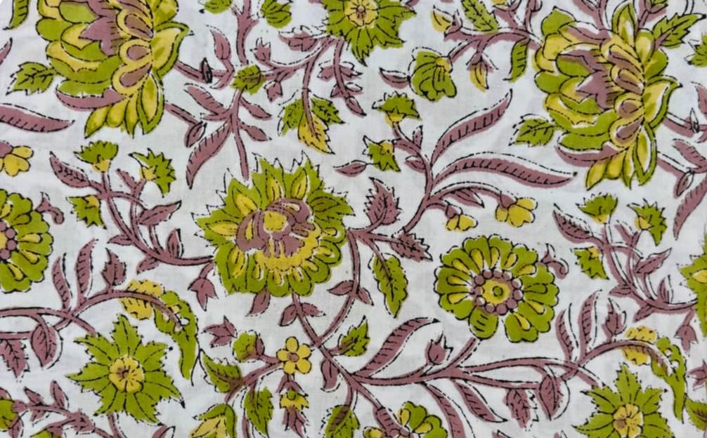 Vintage Floral Cotton Fabric, Hand Block Print Fabric, Indian Cotton Textile, Green Pink Floral Fabric, Sewing & Quilting Running Fabric