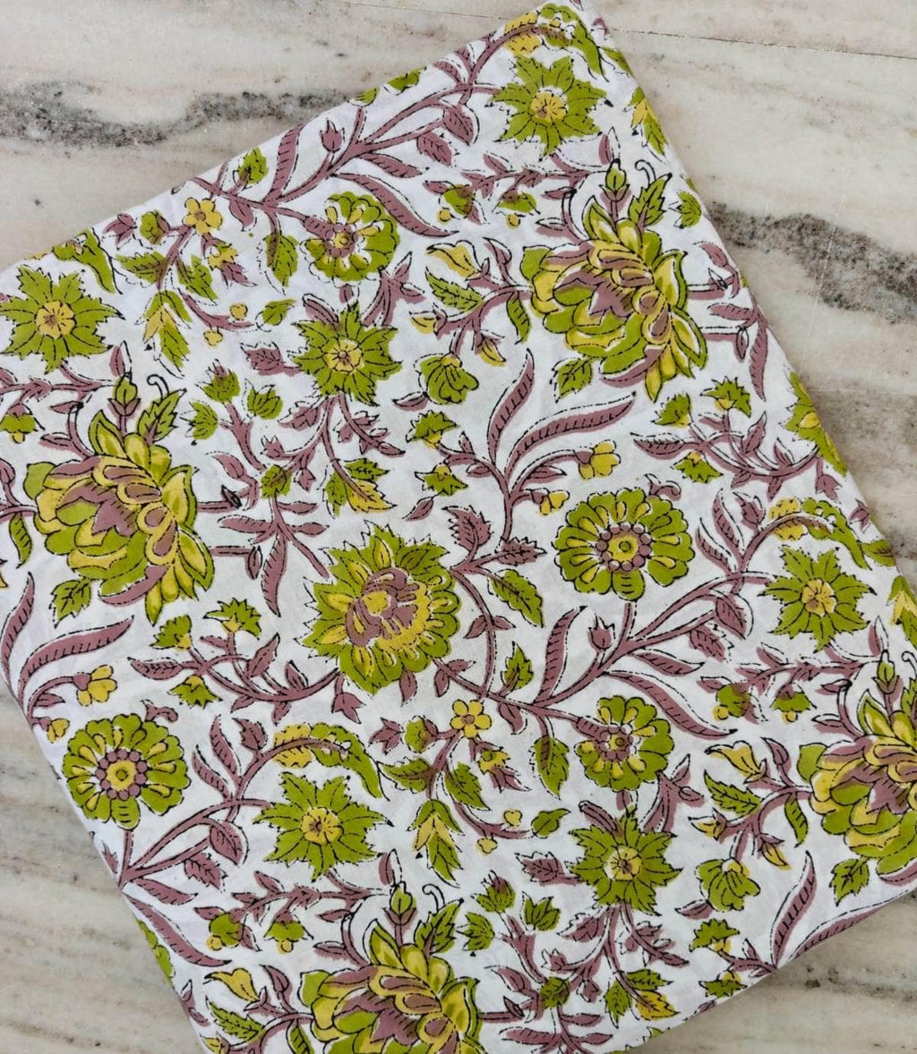 Vintage Floral Cotton Fabric, Hand Block Print Fabric, Indian Cotton Textile, Green Pink Floral Fabric, Sewing & Quilting Running Fabric